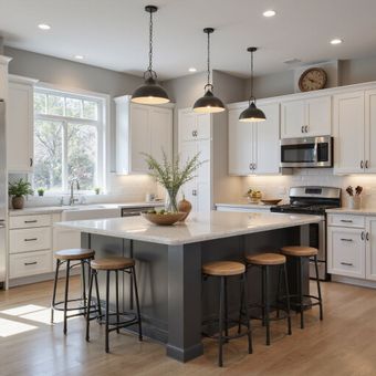 Modern white kitchen with gray island, black stools, pendant lights, and stainless steel appliances.