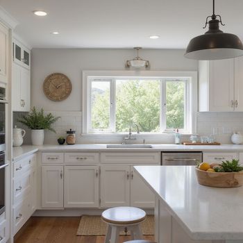 White kitchen with island, cabinets, window, and decorative items.