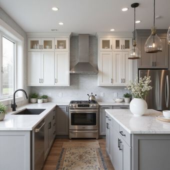 Modern kitchen with gray and white cabinets, stainless steel appliances, and a white countertop.