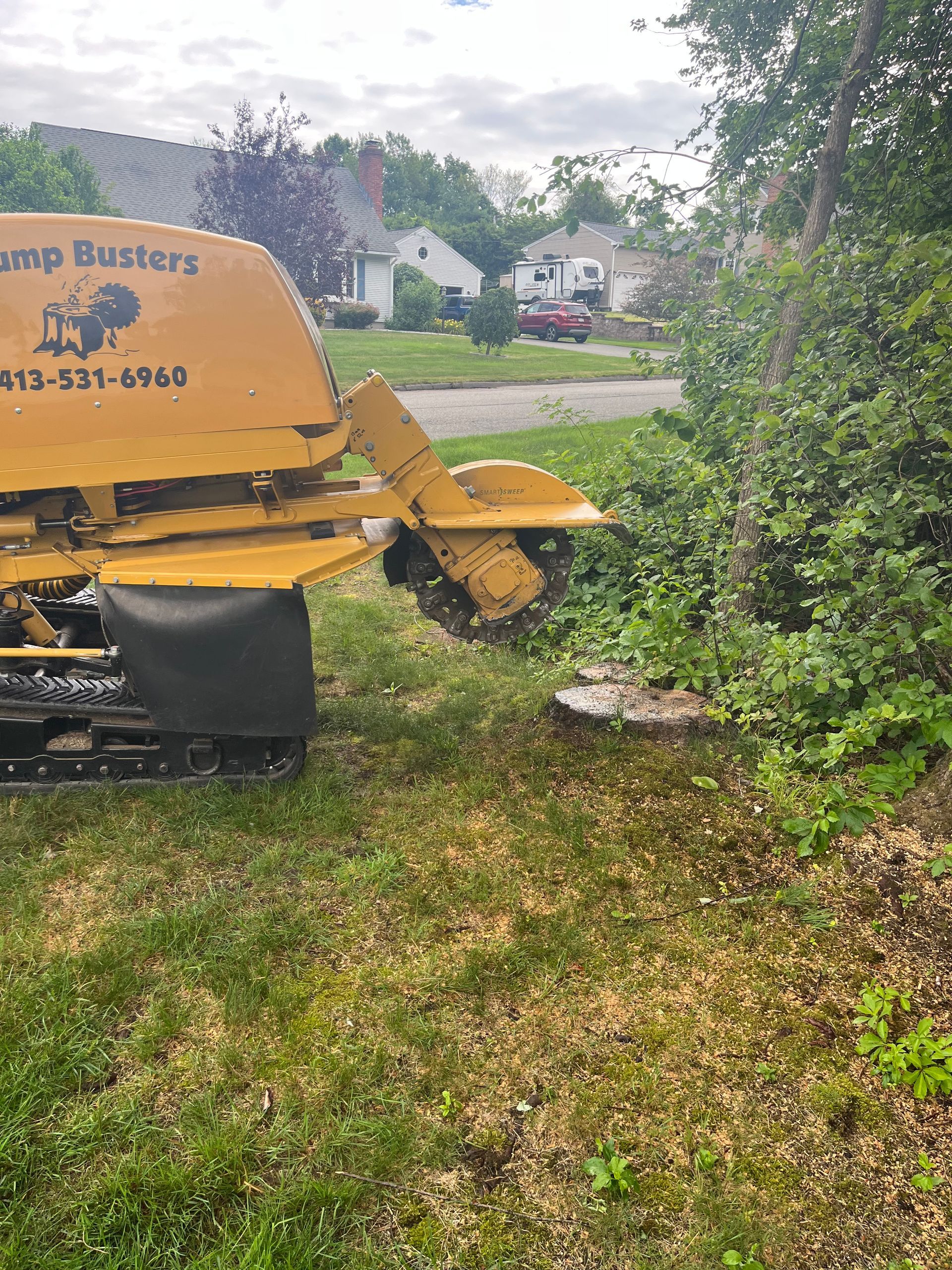 Yellow stump grinder removing a tree stump in a yard, with houses in the background.
