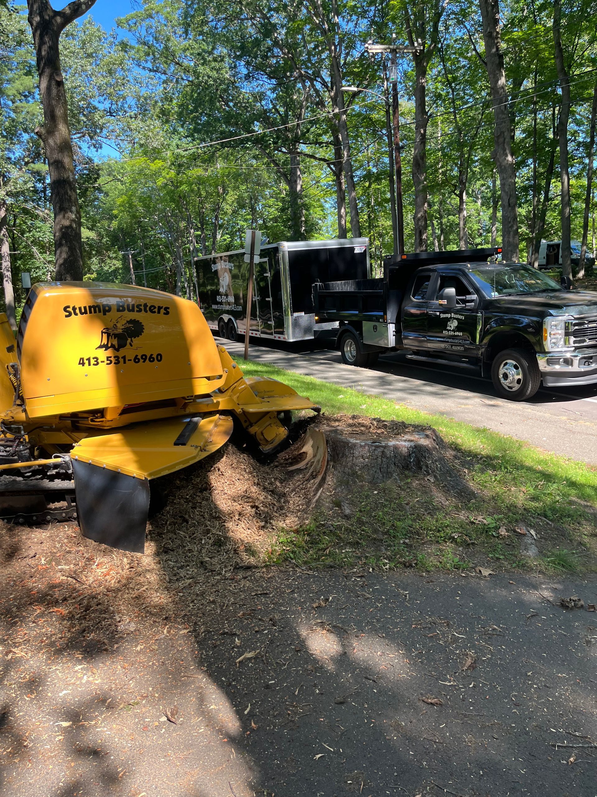 Yellow stump grinder next to a truck, on a paved path, in a wooded area.