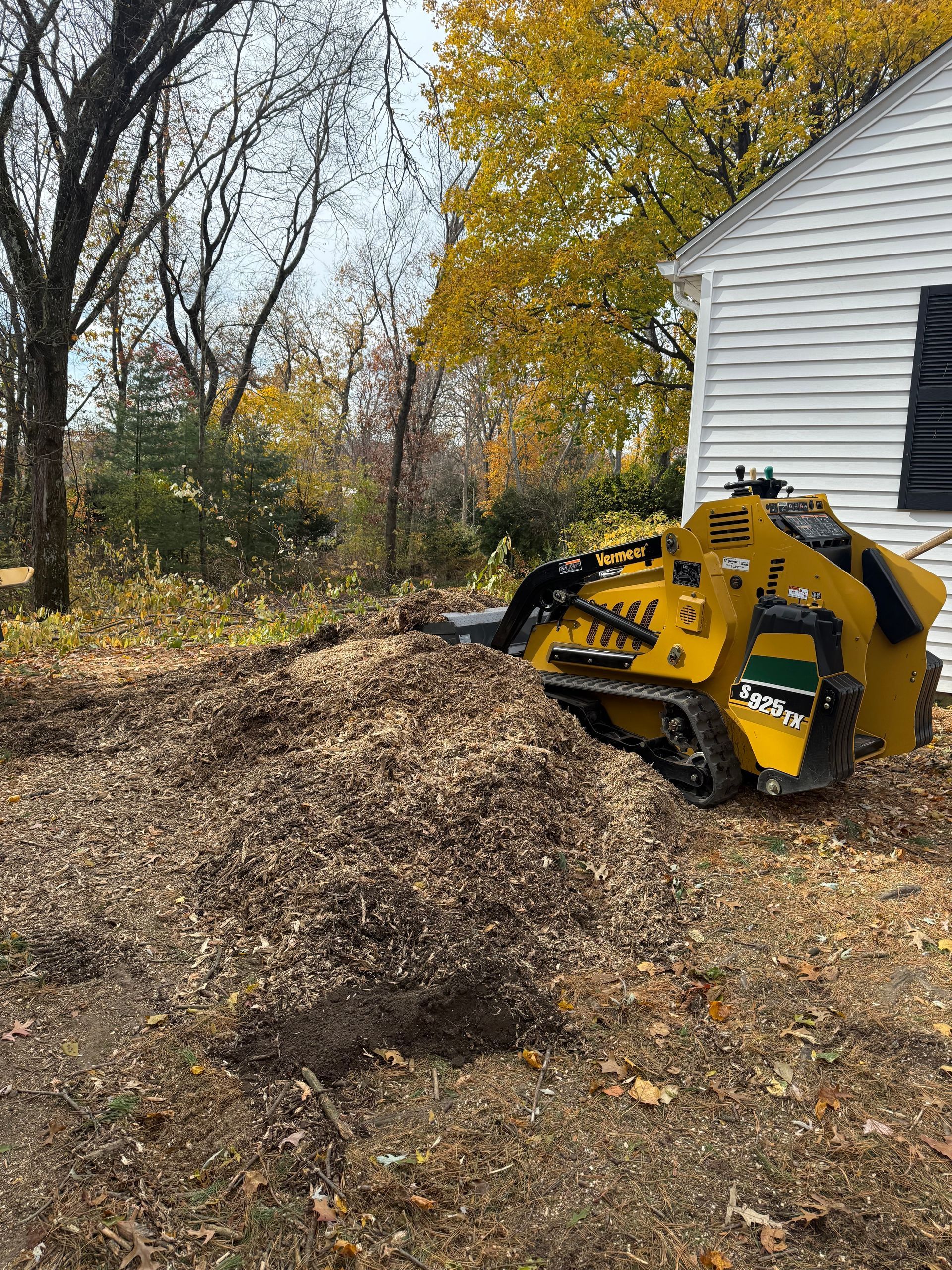 Yellow stump grinder creating a pile of wood chips near a white house in an autumn setting.