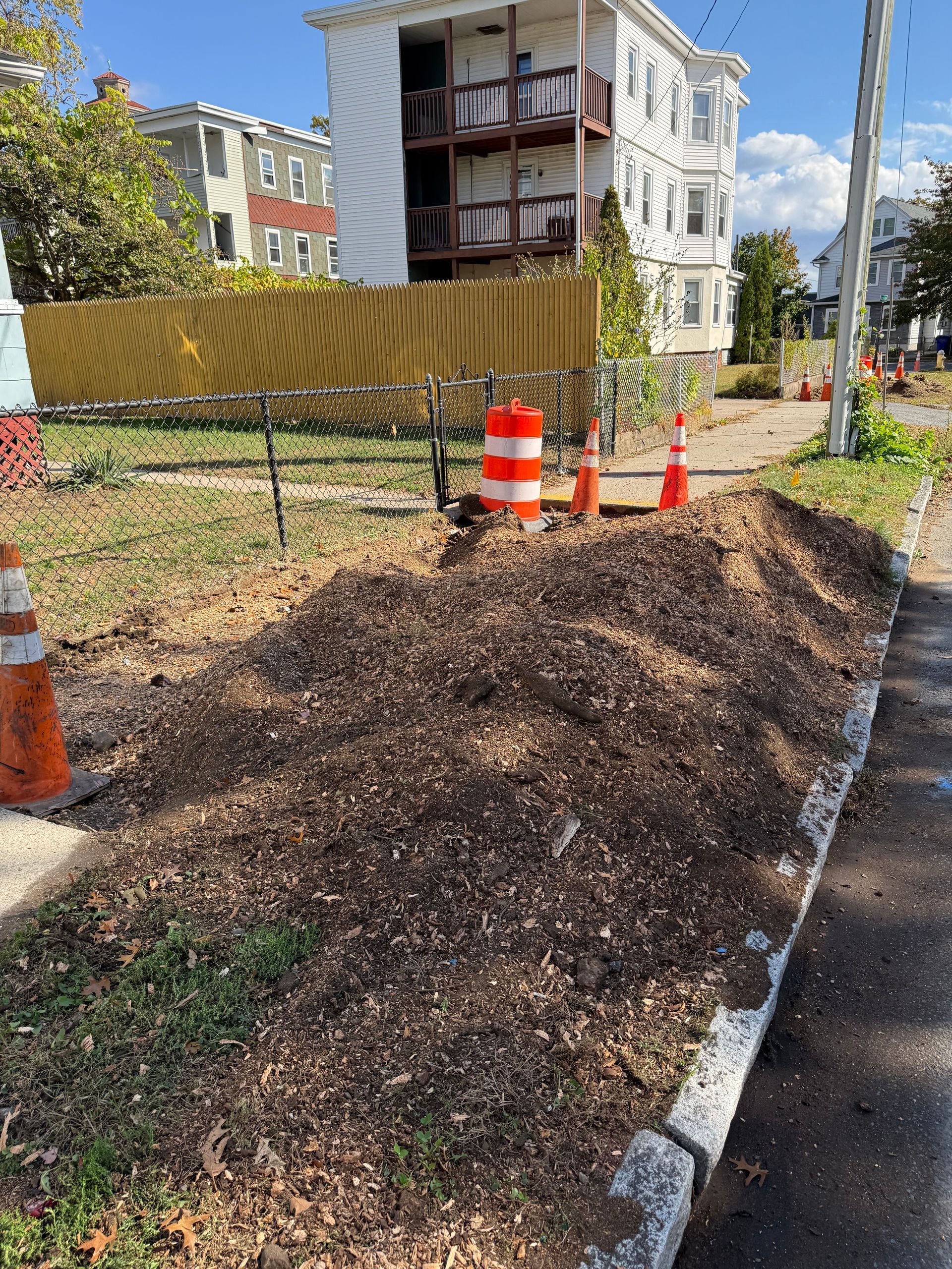 A sidewalk partially covered with mulch. Orange construction cones and a yellow fence are also present.