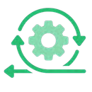A green icon of a gear with two arrows around it.