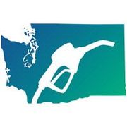White fuel pump nozzle silhouette over a blue-to-green gradient map of Washington state.