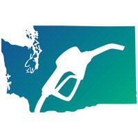 White fuel pump nozzle silhouette over a blue-to-green gradient map of Washington state.