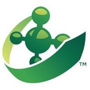 A logo featuring a green molecular structure cradled by two stylized leaf shapes on a white background.