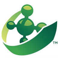 A logo featuring a green molecular structure cradled by two stylized leaf shapes on a white background.