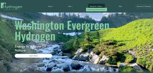 Website header for Washington Evergreen Hydrogen featuring a scenic mountain landscape with a flowing river and forest.