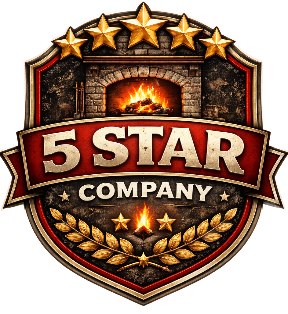 5-star company logo with a fireplace, five gold stars, and laurel wreaths.