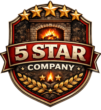 5-star company logo with a fireplace, five gold stars, and laurel wreaths.