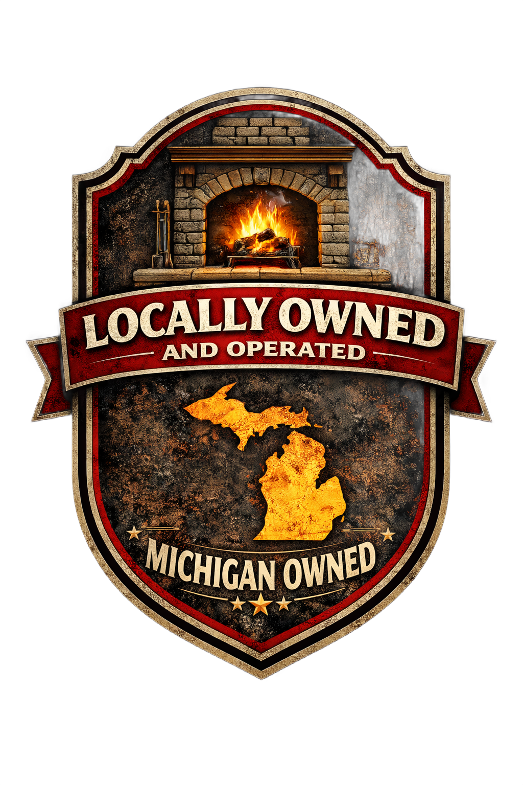 Logo with a fireplace, Michigan outline, and text: