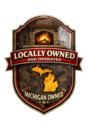 Logo with a fireplace, Michigan outline, and text: