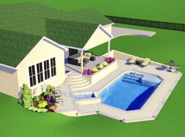 3D rendering of a house with a pool and patio; tan walls, green roof, blue pool, lounge chairs, and landscaping.