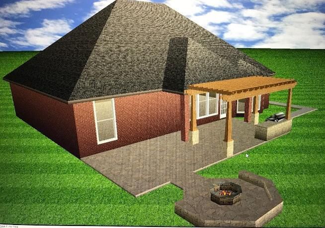3D rendering of a brick house with a pergola, patio, and fire pit on green grass under a blue sky.