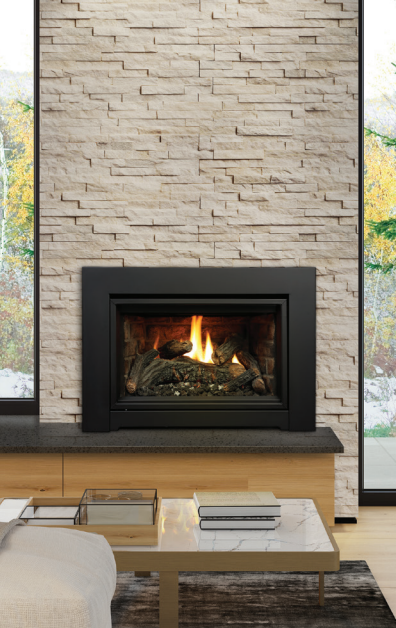 Gas fireplace with burning flames, set in a stone wall, above a wooden base.