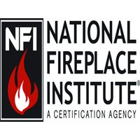 Logo for the National Fireplace Institute. Features a flame inside a black box, with the organization's name in bold, black text.