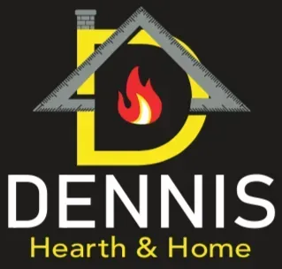 Logo for Dennis Hearth & Home: yellow "D" with fireplace and chimney, framing a fire and a square.