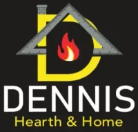 Logo for Dennis Hearth & Home: yellow "D" with fireplace and chimney. A flame inside the D with a silver square above it. Text below "DENNIS Hearth & Home".