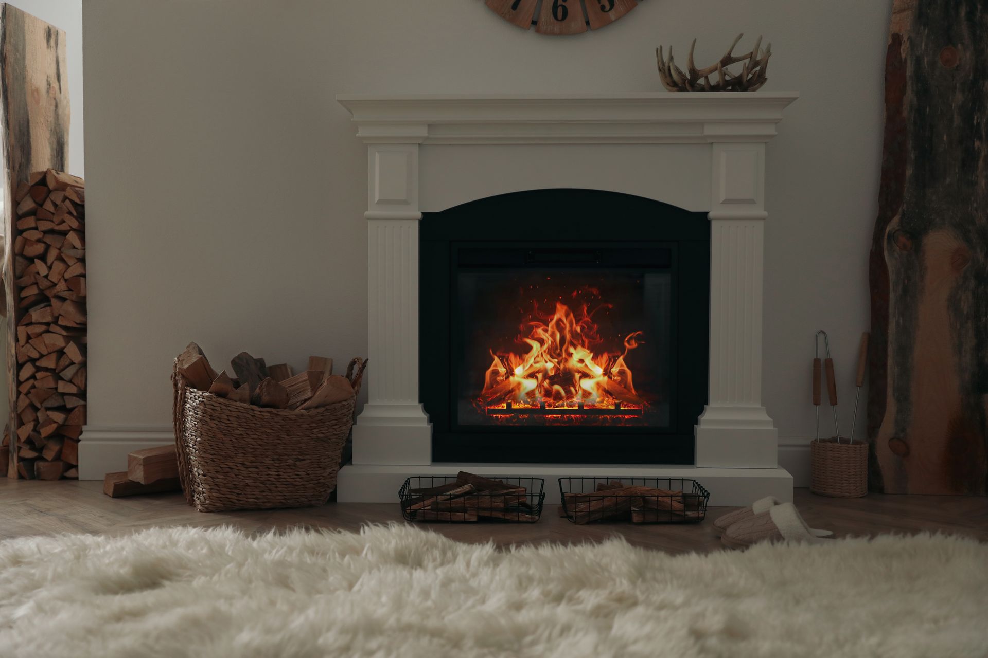A white fireplace mantel with a lit fire inside, set in a cozy room with firewood, a woven basket, and a white rug.
