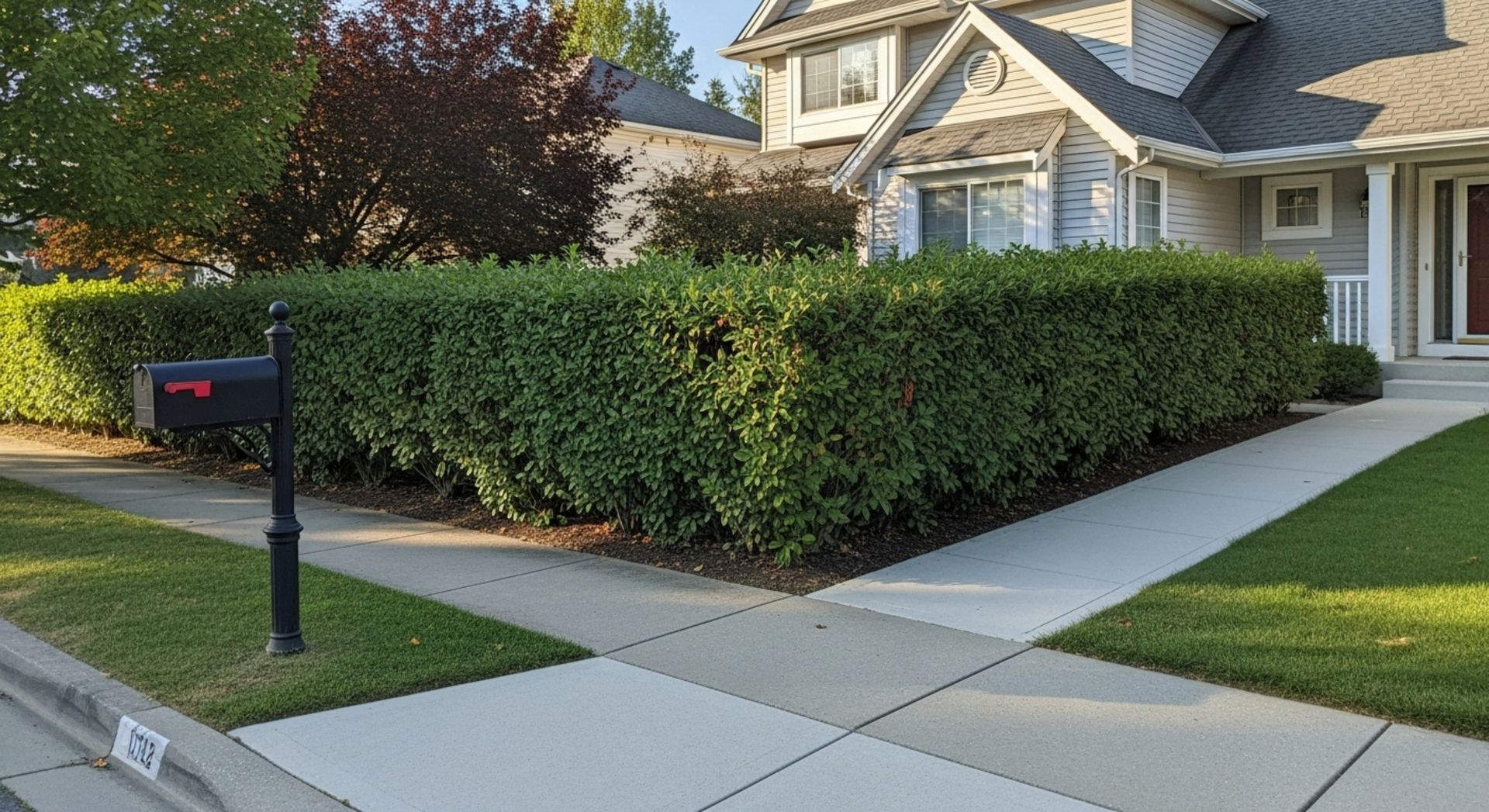 Suburban house with trimmed hedges, sidewalk, and a black mailbox by the curb