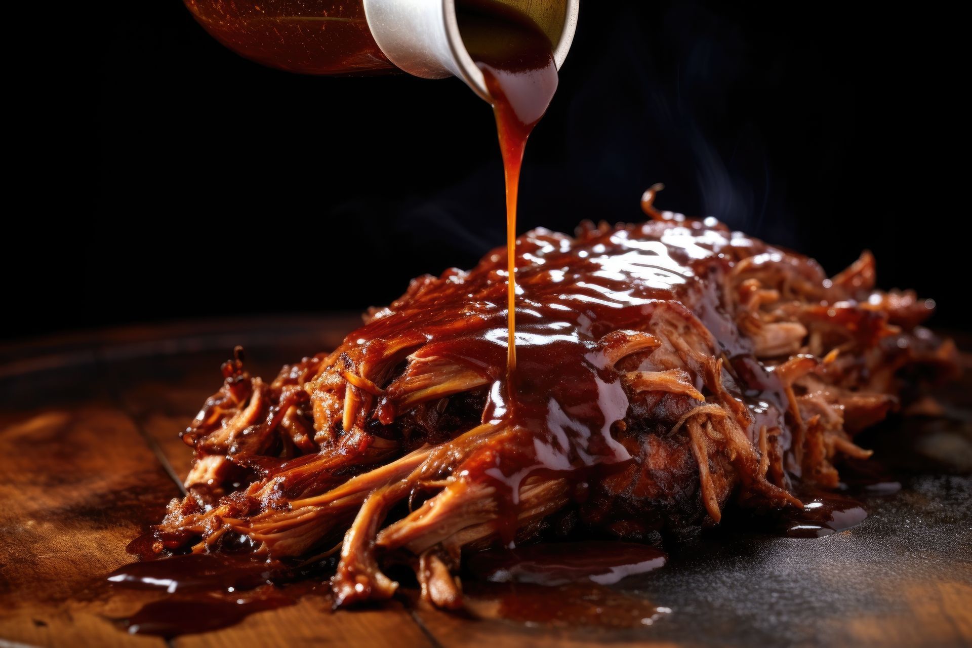 Pulled pork being drizzled with barbecue sauce on a wooden board, steam rising.