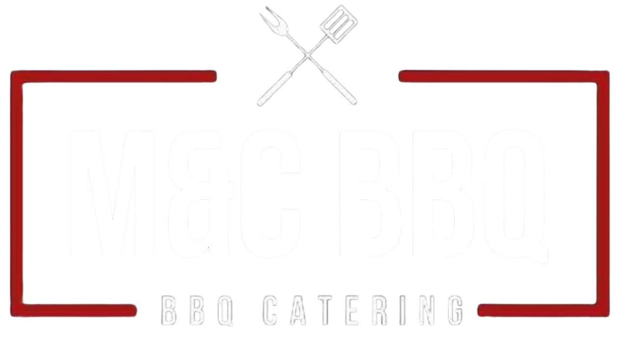 Red framed logo with BBQ Catering text, a black square with two crossed white skewers.