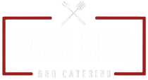 Red framed logo with BBQ Catering text, a black square with two crossed white skewers.