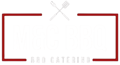 Red framed logo with BBQ Catering text, a black square with two crossed white skewers.