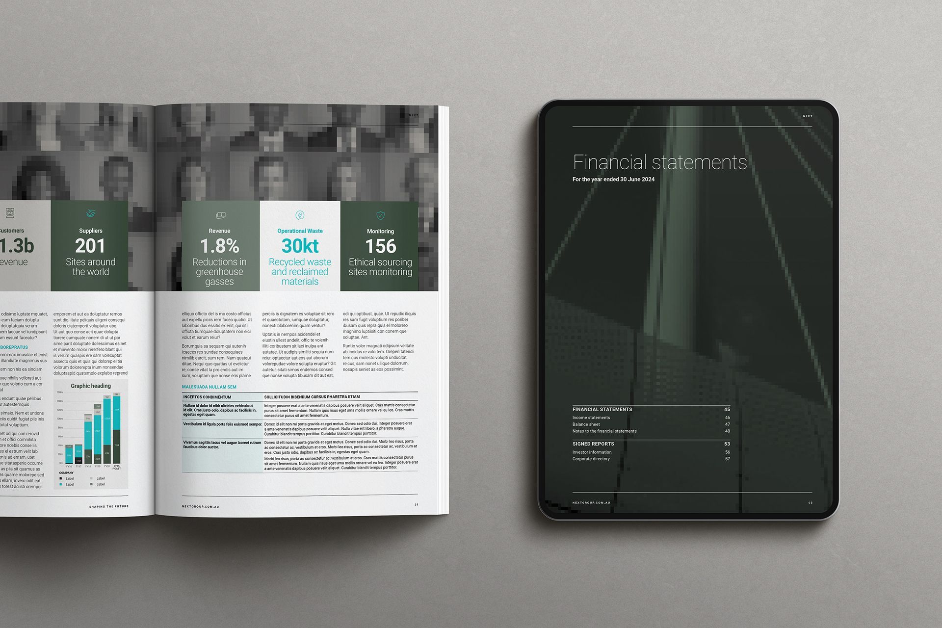 NEXT Annual Report Template Spread and Tablet