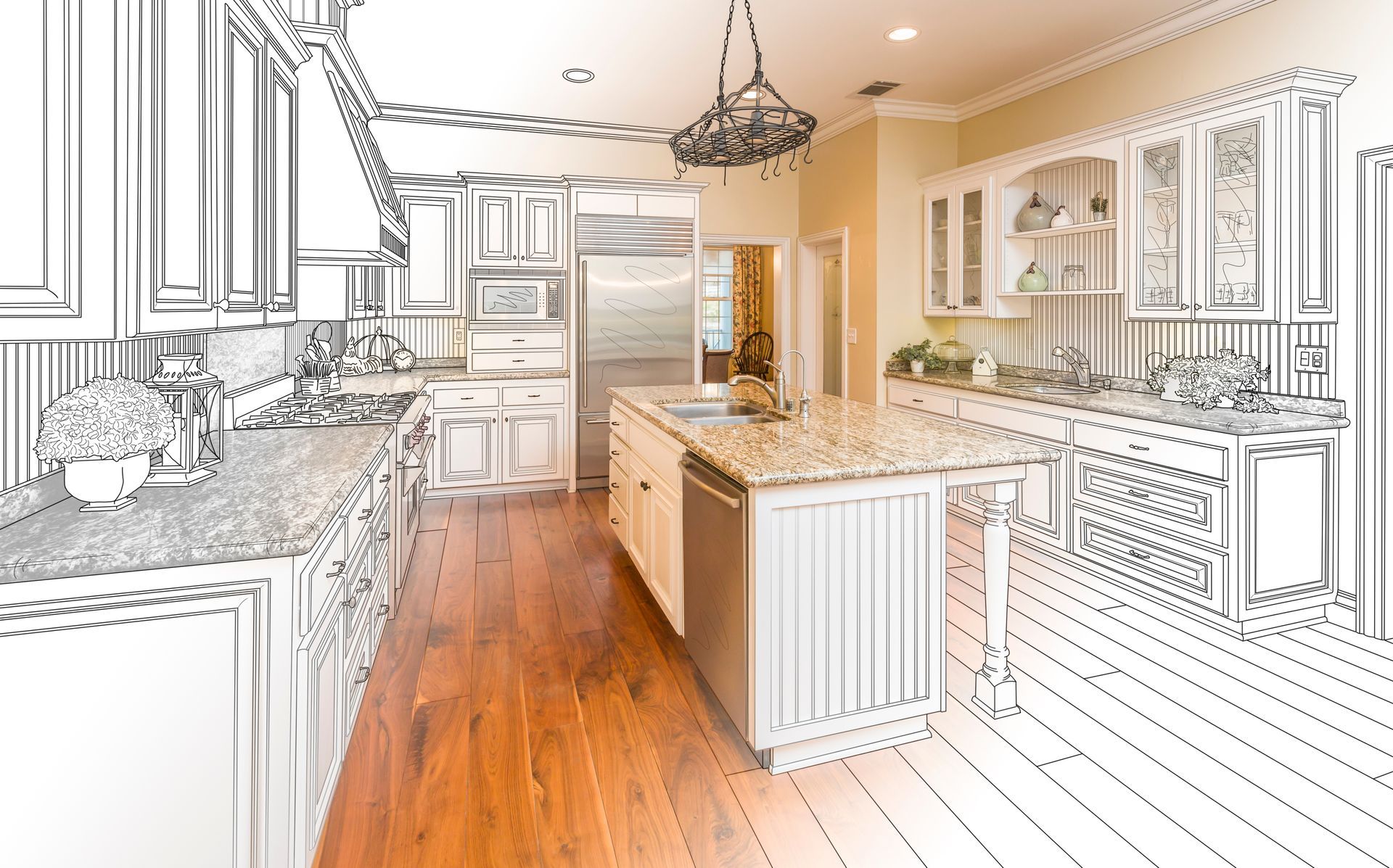 Partially-drawn kitchen with wood floor, island, stainless steel appliances, white cabinets, and light-colored countertops.