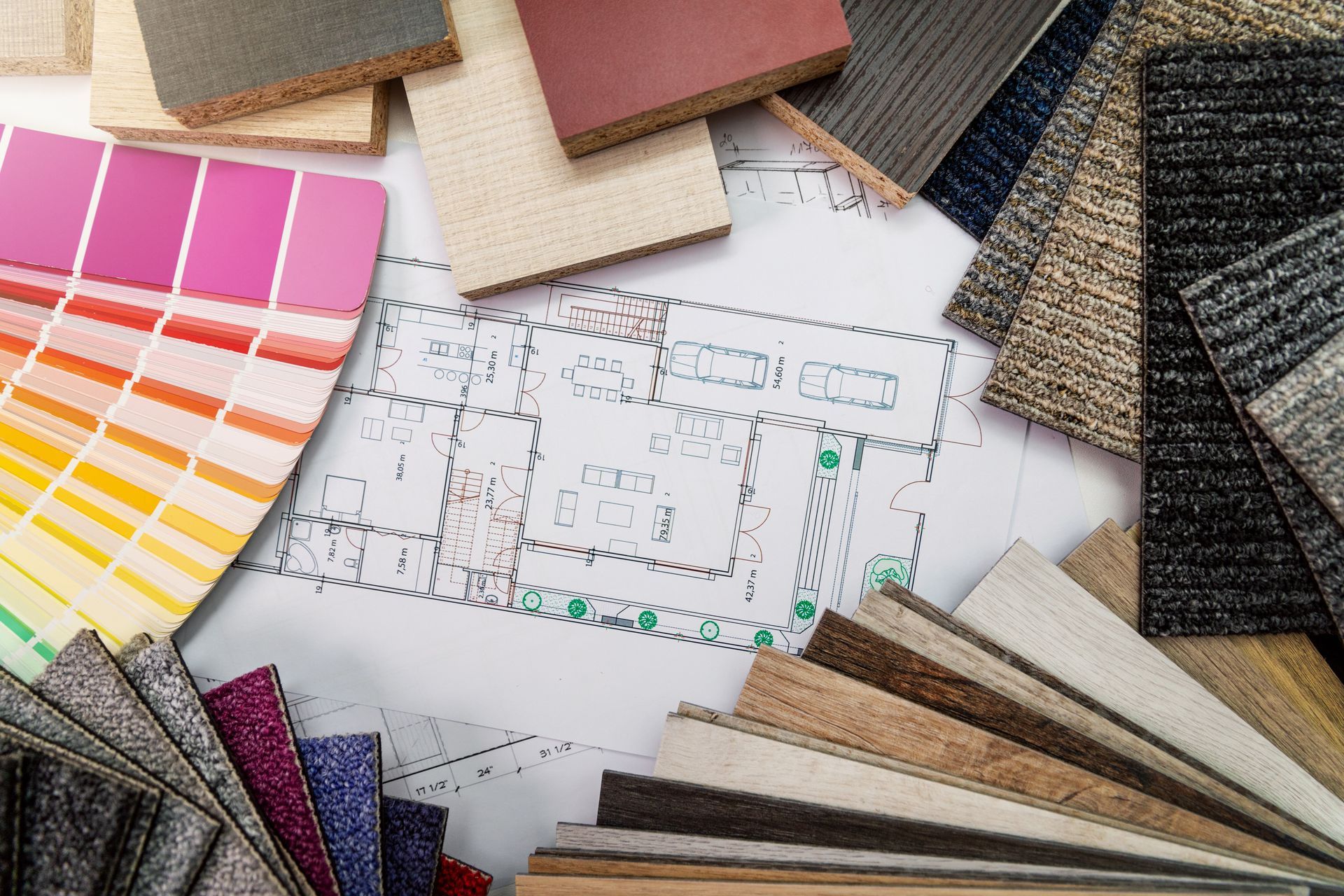Blueprint surrounded by paint swatches and carpet samples, illustrating interior design choices.