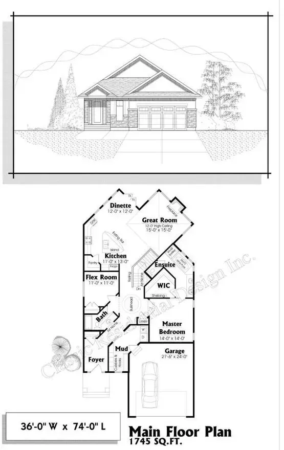 Front elevation and main floor plan of a house. Shows a single story home with garage, and layout of rooms.