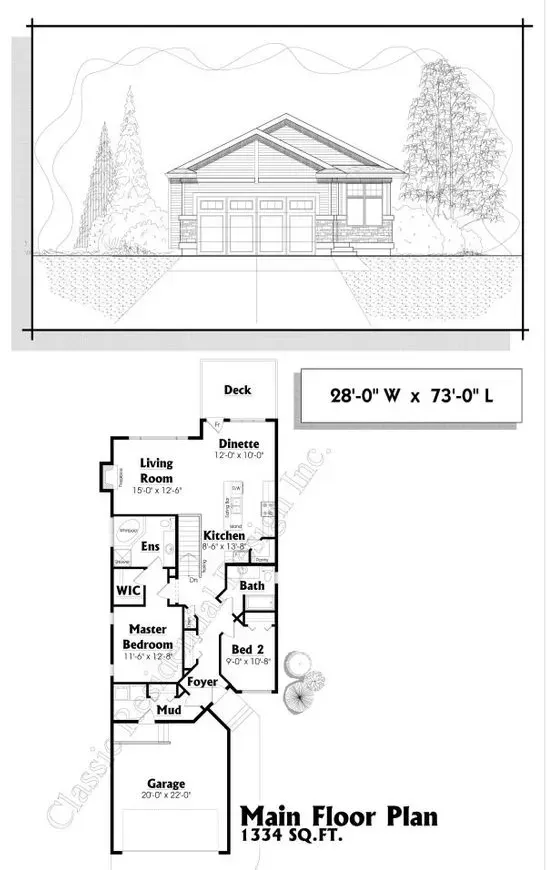 Architectural drawing: front elevation and main floor plan of a house with dimensions, including rooms like living room, kitchen, and garage.