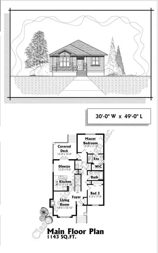 Architectural rendering of a bungalow with a main floor plan, showcasing dimensions and layout.