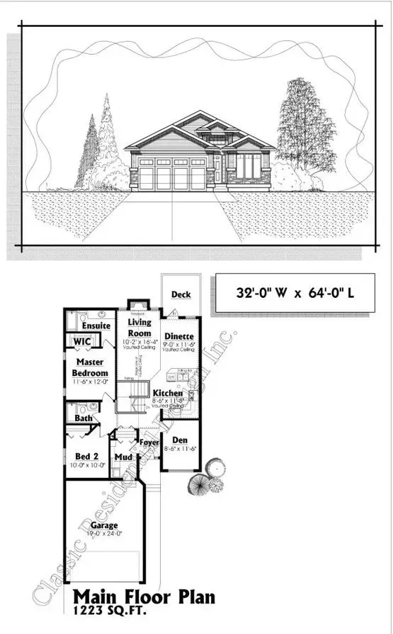 Architectural rendering of a house with a floor plan. The house is a single story.