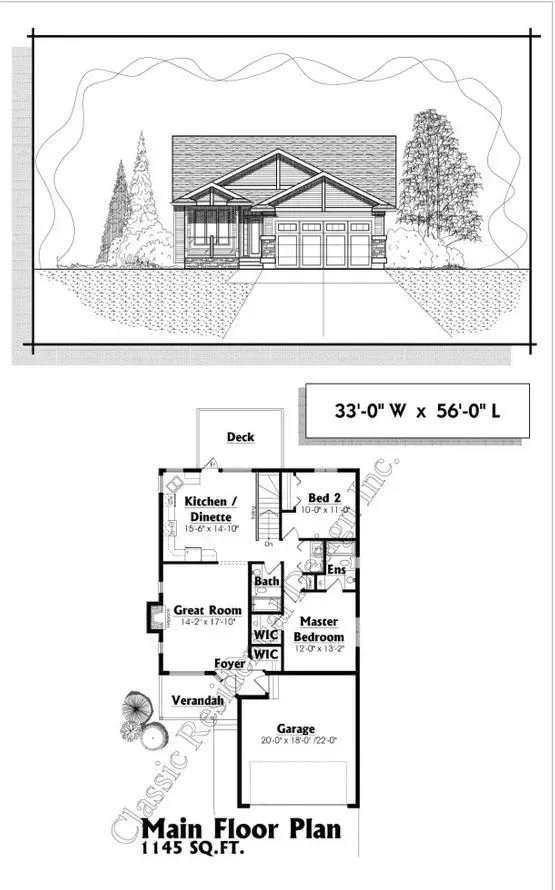 Architectural plan of a house showing front view and main floor layout. Includes dimensions and room labels.