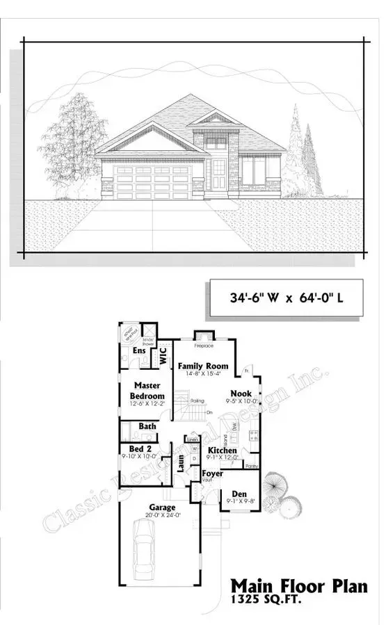 Architectural drawing: house exterior elevation and main floor plan, 34'6