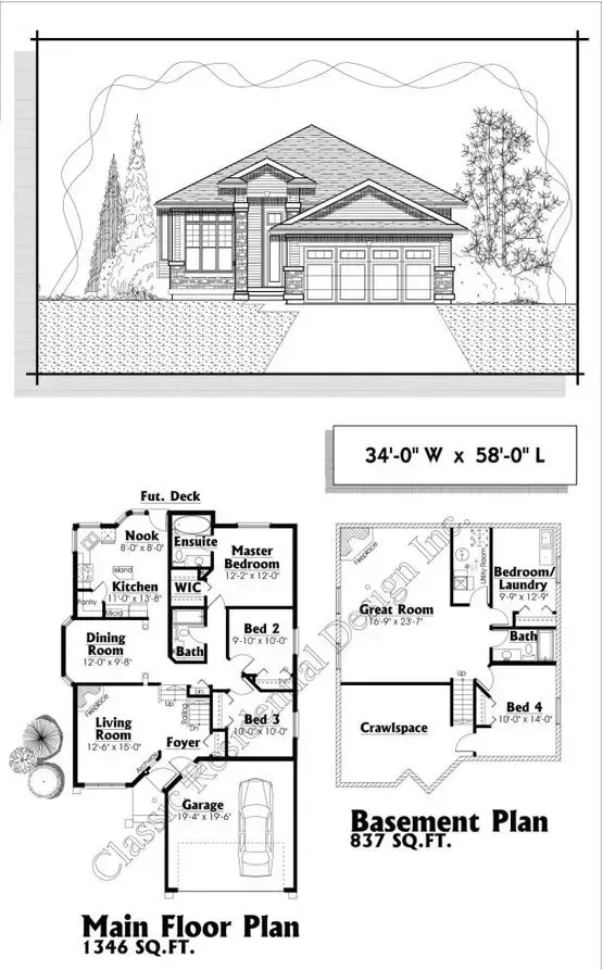 Architectural rendering of a house with elevation, main floor plan, and basement plan, with dimensions and square footage.