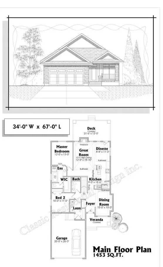 Architectural drawing: house front and floor plan. Exterior features a garage and entrance, interior includes bedrooms, living areas.