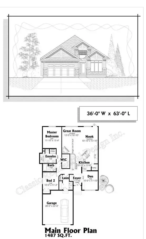 House elevation and main floor plan. Front view of a two-story home. Floor plan shows garage, rooms, and dimensions.