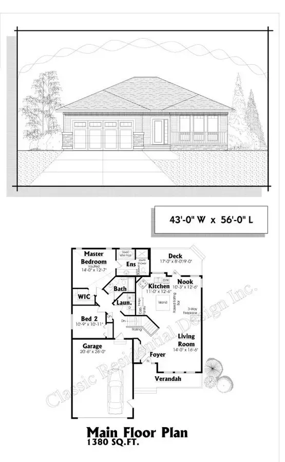 Architectural drawing: front elevation and floor plan of a single-story house; dimensions 45'W x 56'L; 1360 sq ft.