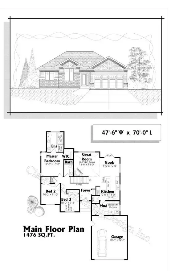 Architectural drawing: exterior elevation and main floor plan of a house with a garage.