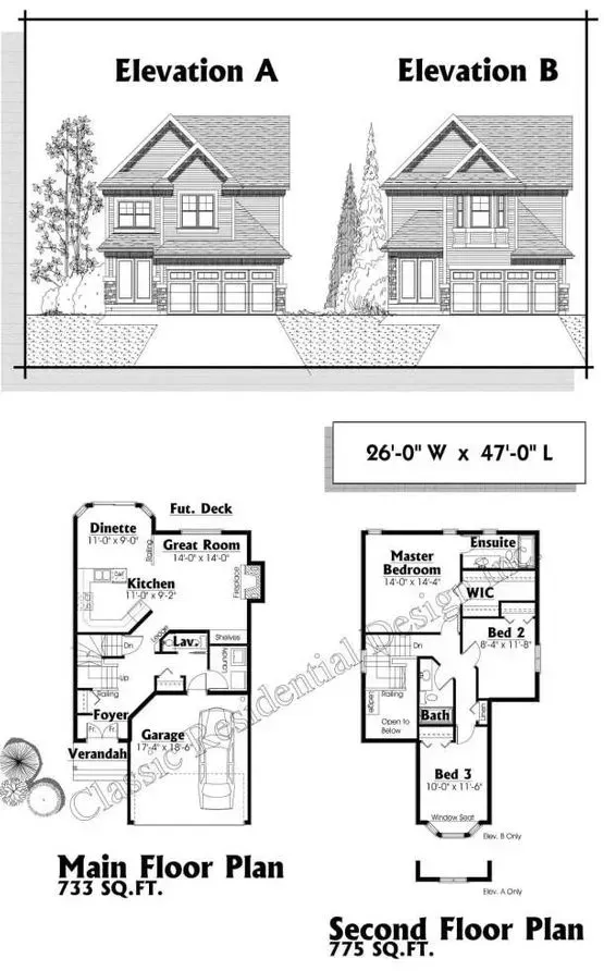 Architectural house plan with two elevations, floor plans, and dimensions.
