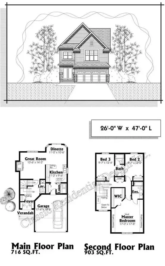 House plan: front elevation, main & second floor plans. Front elevation depicts a two-story house, garage, trees. Plans: rooms labeled.