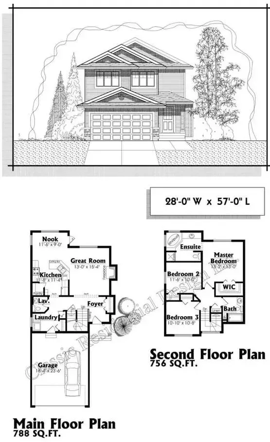 Architectural drawing of a two-story house with floor plans.