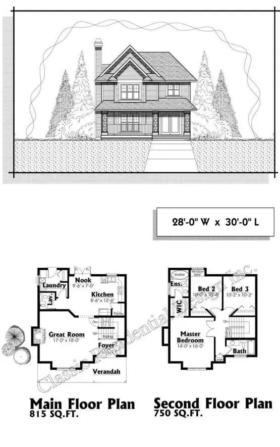 Architectural drawing: two-story house with main and second floor plans. Exterior elevation shown at top.