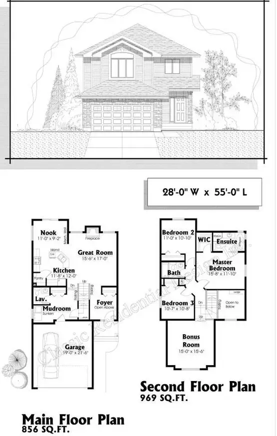 Architectural drawing of a two-story house with floor plans of main and second floors.