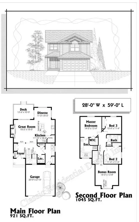 Floor plan of a two-story house with garage, main floor and second floor layouts.