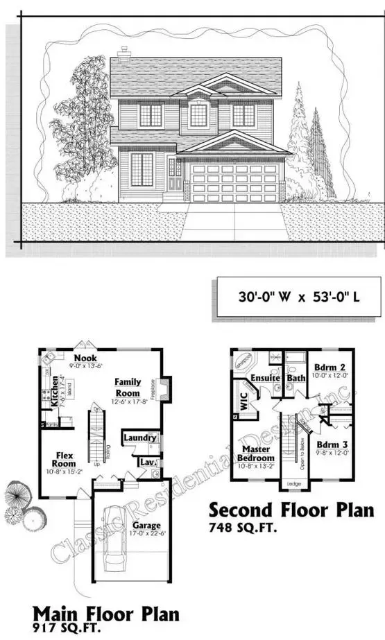 Two-story house rendering with floor plans: exterior, main, and second floors; includes dimensions.